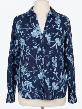 Laura Ashley Linen Cotton Navy Blue Floral Embroidered Button Down Blouse Size L